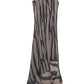 The Lanvin Asymmetrical Cascade-Effect Dress showcases a brown and black abstract zebra stripe print, an integrated bustier for structure, and a ruffled hem with a one-shoulder design.