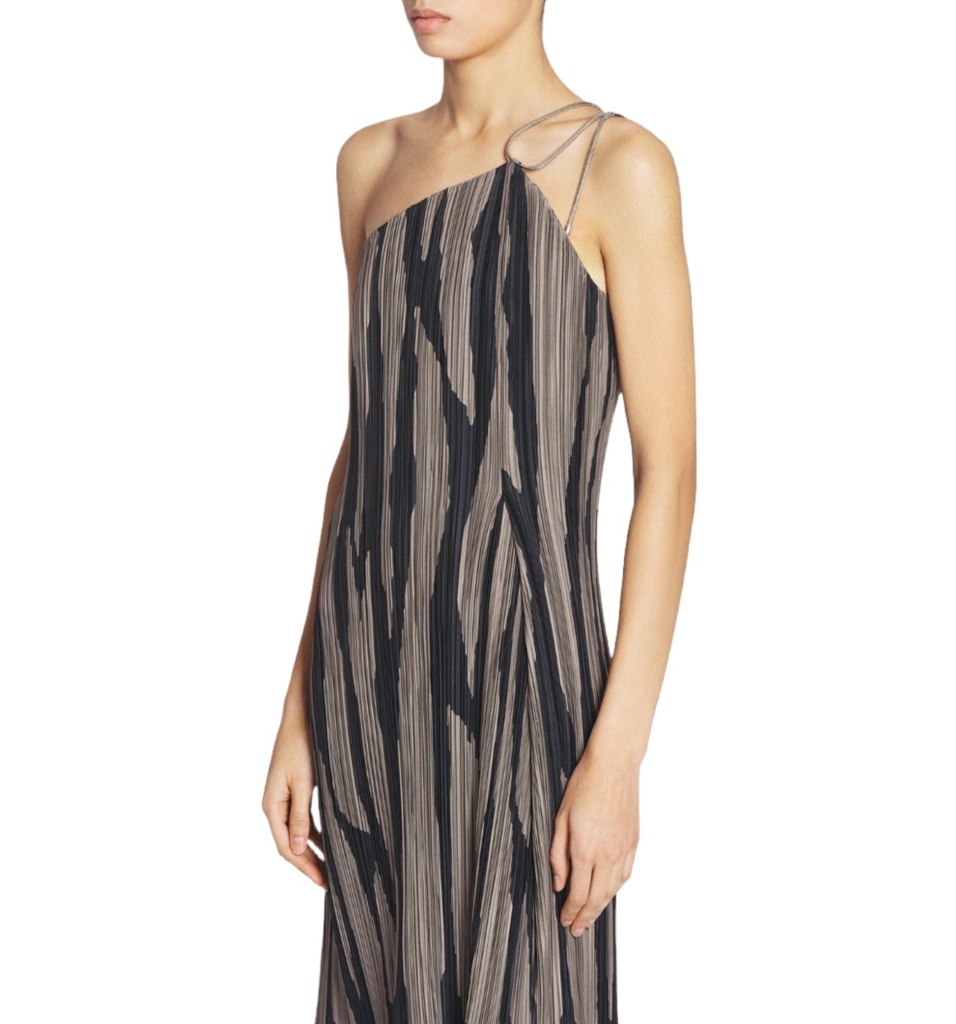 A person is wearing the Lanvin Asymmetrical Cascade-Effect Dress, which features vertical black and gray zebra print stripes and a single metal chain strap.