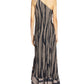 A woman faces away, wearing the Lanvin Asymmetrical Cascade-Effect Dress—a sleeveless, one-shoulder style featuring a black and beige abstract zebra stripe pattern.