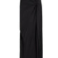 Lanvin Asymmetrical Long Pleated Dress in black, sleeveless with a draped waist and asymmetrical knot detail, shown against a white background.