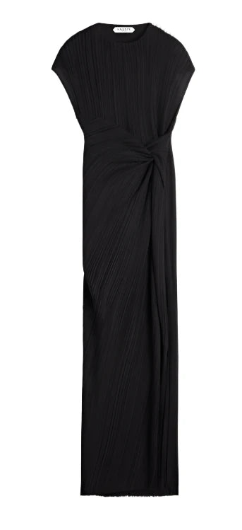 An elegant ensemble showcasing the Lanvin Asymmetrical Long Pleated Dress in black, featuring pleated fabric and a knotted detail at the waist.