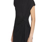 A woman wears the Lanvin Asymmetrical Long Pleated Dress, a stylish black piece with draped waist and knot detail, photographed from thigh up against a white background.
