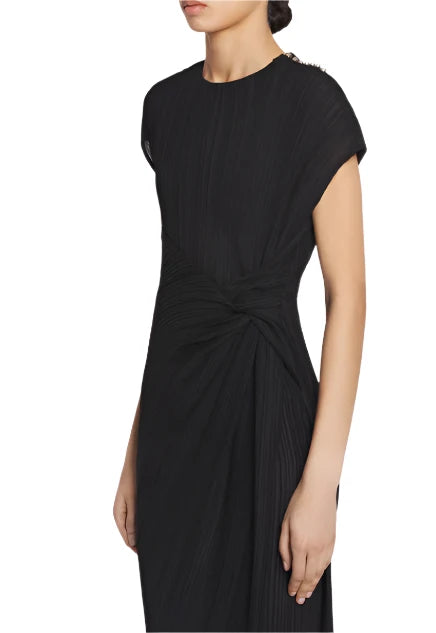 Person wearing the Lanvin Asymmetrical Long Pleated Dress, featuring pleated fabric and gathered detail at the waist, standing against a plain backdrop.