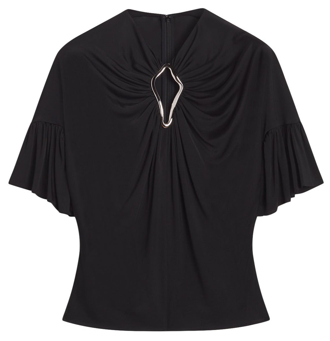 Lanvin Summer Top with Eyelet Detail with a keyhole neckline, flutter sleeves, and eyelet detail top.