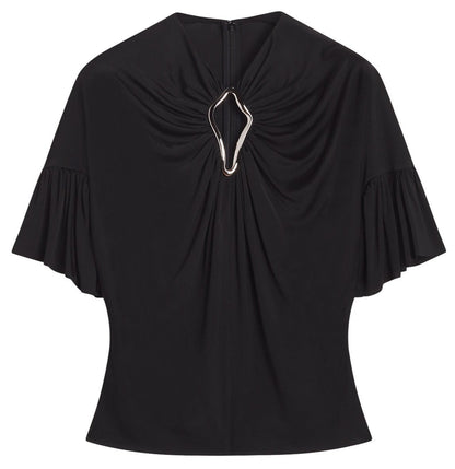 Lanvin Summer Top with Eyelet Detail with a keyhole neckline, flutter sleeves, and eyelet detail top.