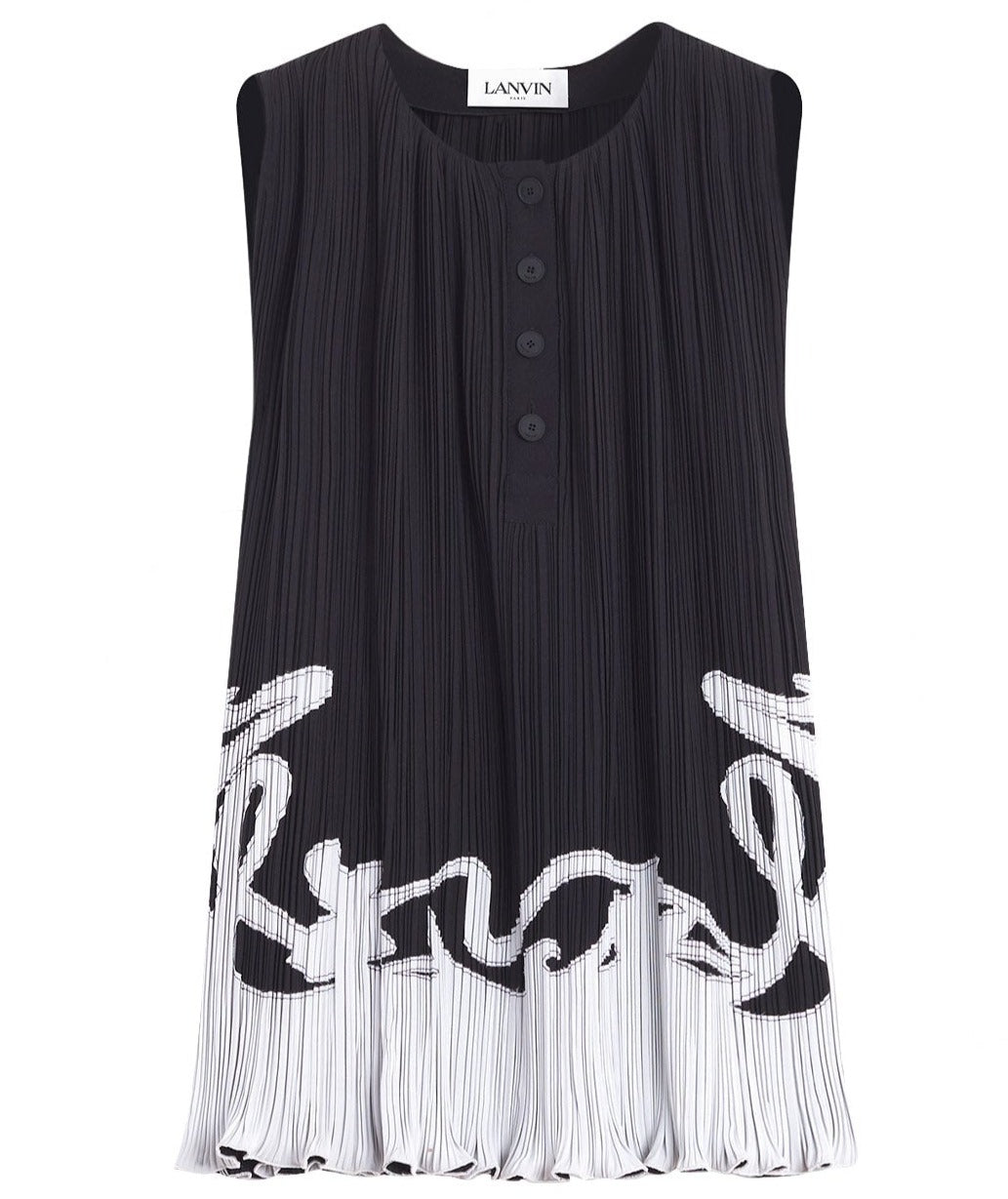 Lanvin Sleeveless Pleated Top crafted in crêpe de Chine, featuring bold white 'Lanvin' lettering at the hem and a buttoned neckline