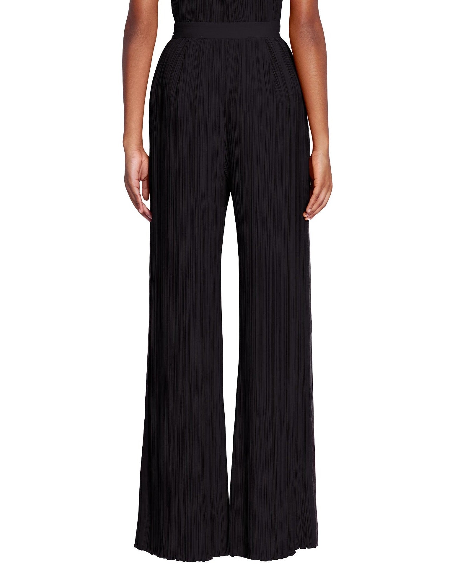 Front view of a person wearing Lanvin Pleated Pants, high-waisted, wide-leg black pleated pants with vertical pleats, crafted from elegant crêpe de Chine.