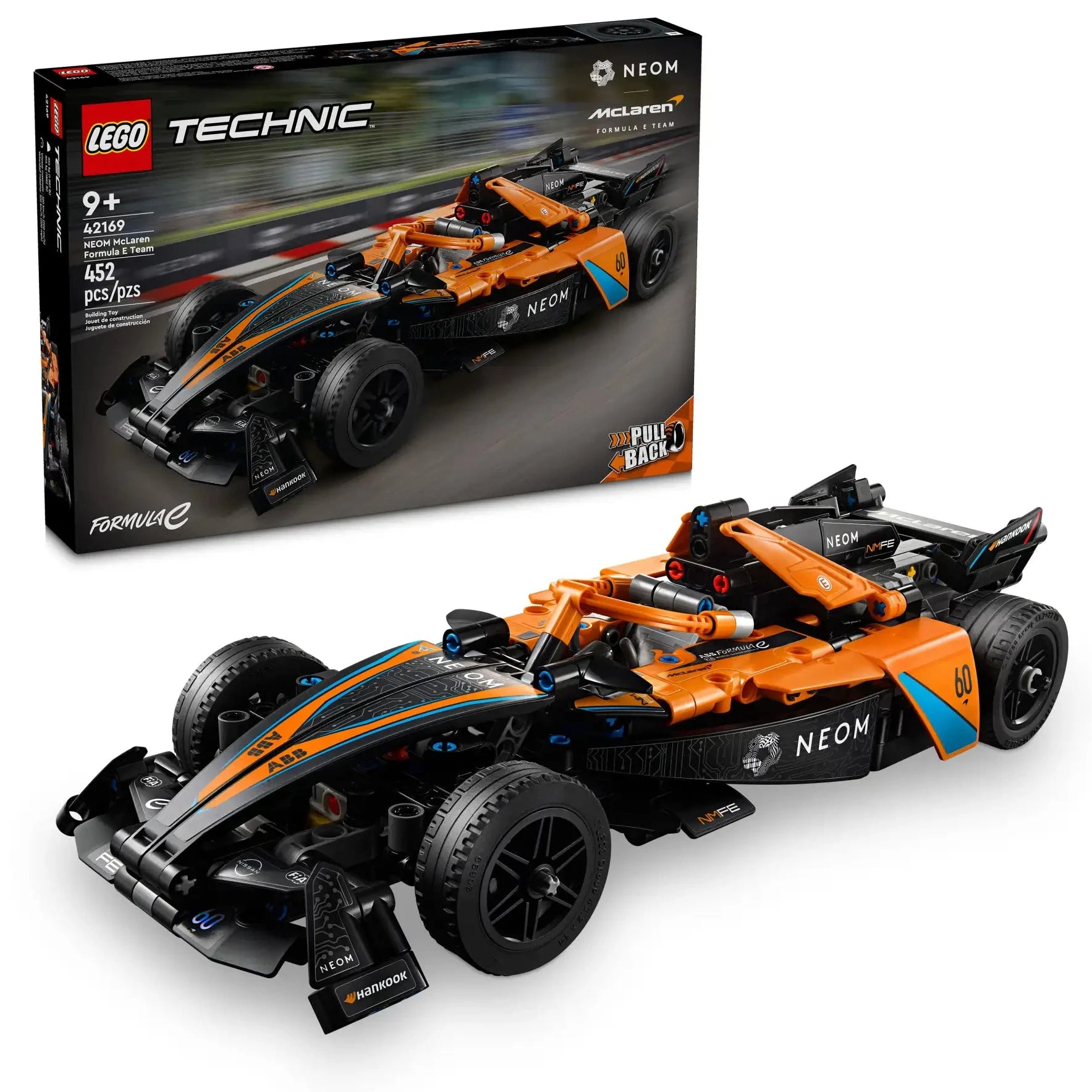 The LEGO® Technic™ Neom McLaren Formula E Race Car set includes 452 pieces, pull-back action, and dynamic box art; ideal for ages 9 and up.
