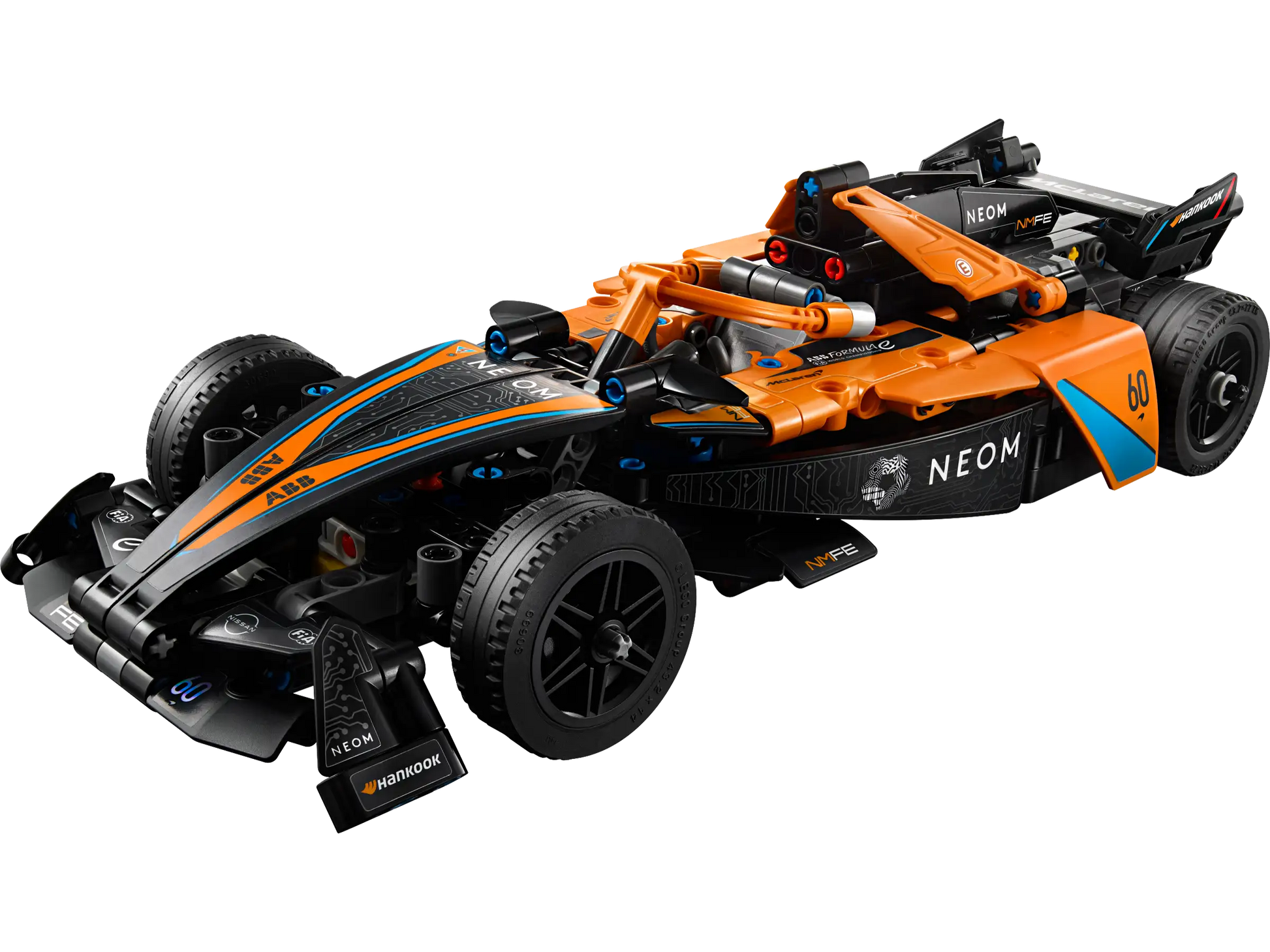 Build the LEGO® Technic™ Neom McLaren Formula E Race Car, an orange and black model featuring authentic stickers and aerodynamic design, inspired by the iconic racing vehicle.