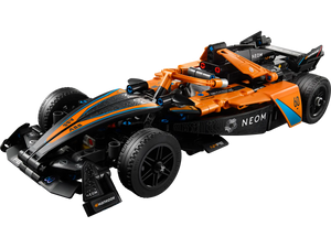 Build the LEGO® Technic™ Neom McLaren Formula E Race Car, an orange and black model featuring authentic stickers and aerodynamic design, inspired by the iconic racing vehicle.