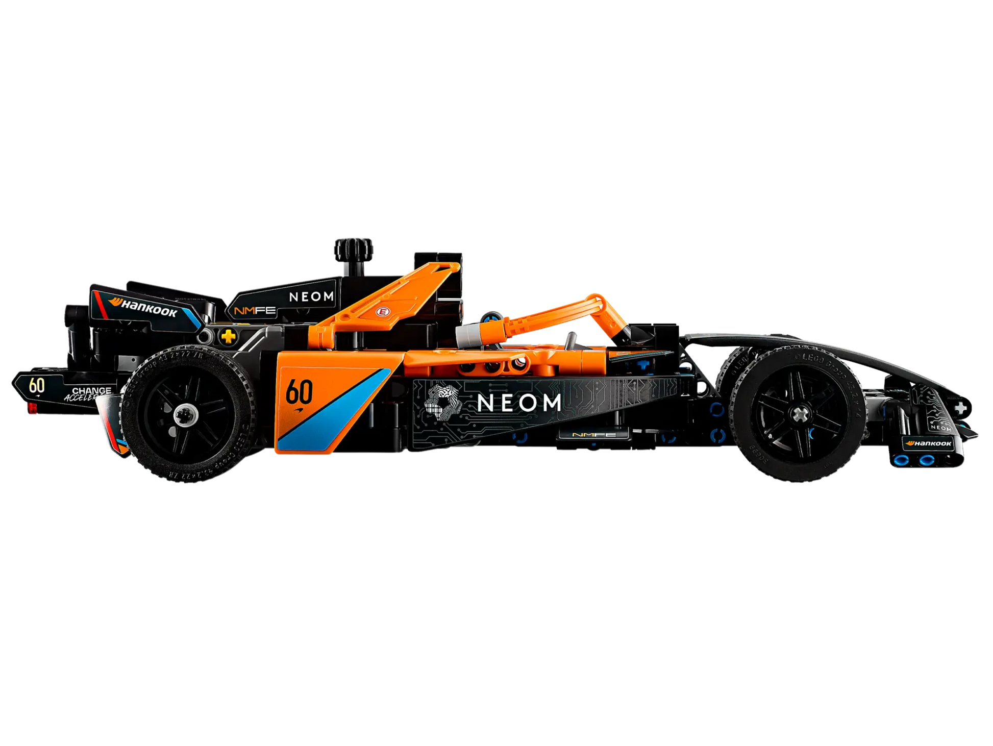 Side view of the LEGO® Technic™ Neom McLaren Formula E Race Car, featuring black and orange colors, sponsor logos, number 60, visible wheels, and detailed aerodynamic features.
