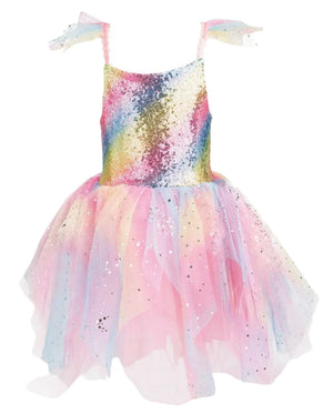 The Great Pretenders Rainbow Fairy Dress & Wings features a sequined bodice and a layered pastel tulle skirt, enhanced with shimmery organza that adds a magical touch.