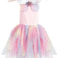 The Great Pretenders Rainbow Fairy Dress & Wings by Great Pretenders is a colorful ensemble featuring pastel shades of pink, purple, and blue, enhanced with glitter and sparkles. Made from shimmery organza, this dress with wings and a tutu adds a magical touch to your whimsical adventures.