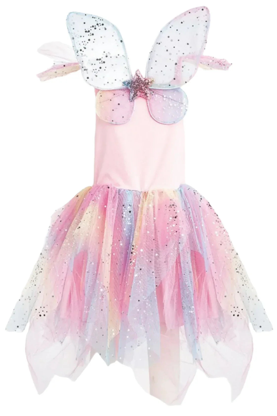 The Great Pretenders Rainbow Fairy Dress & Wings by Great Pretenders is a colorful ensemble featuring pastel shades of pink, purple, and blue, enhanced with glitter and sparkles. Made from shimmery organza, this dress with wings and a tutu adds a magical touch to your whimsical adventures.