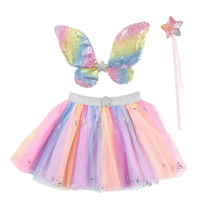 Introducing the Great Pretenders Rainbow Sequins Skirt, Wings & Wand set by Great Pretenders, which includes dazzling sequin wings, a sparkling star wand covered in sequins, and a pastel tutu skirt for a colorful fairy ensemble.