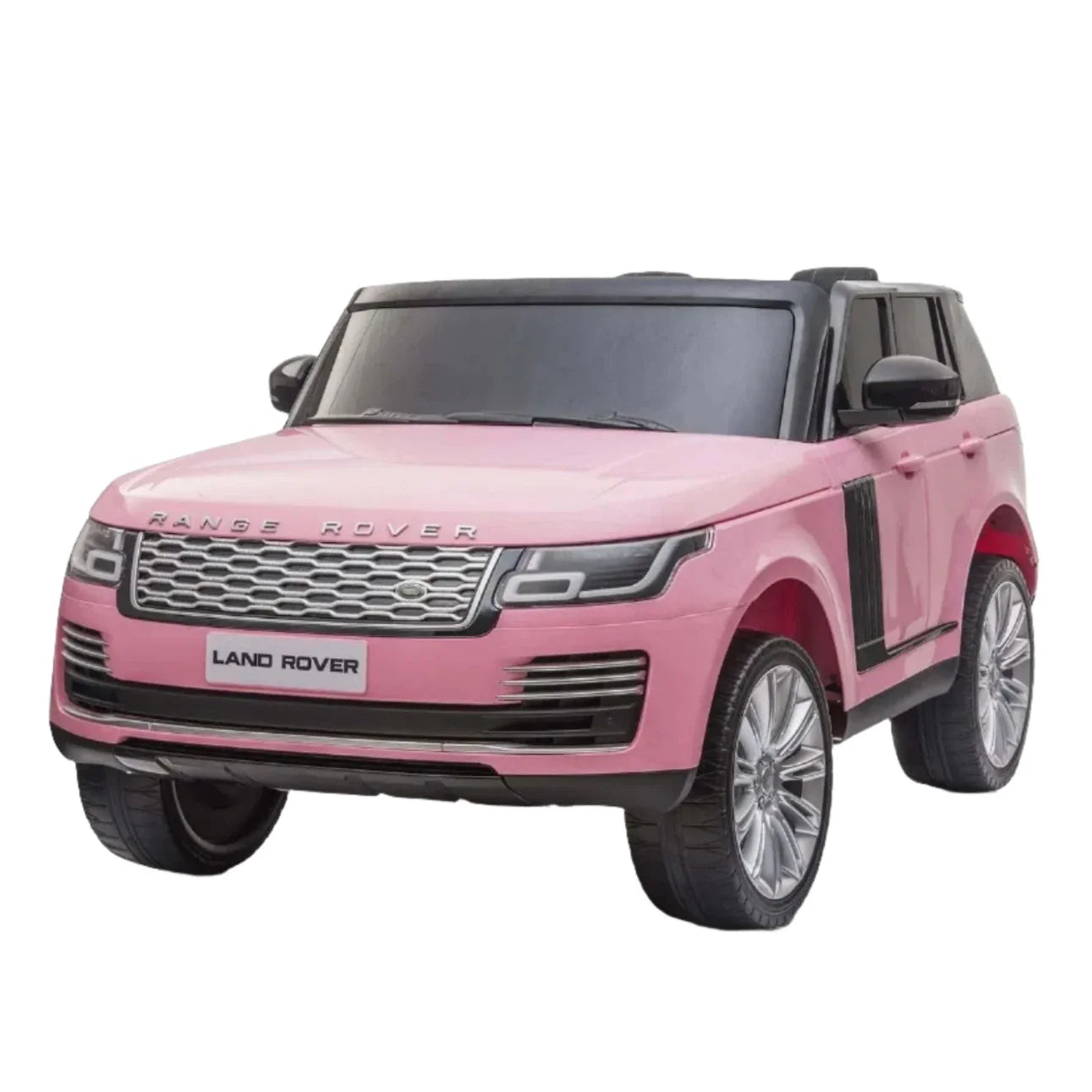 A pink Freddo Range Rover HSE 24V 2 Seater Ride On, featuring detailed front headlights, grille, large wheels, and LED lights.