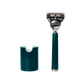 The Barberino's Ultimate 5 Blade Razor, featuring an ergonomic teal and silver handle, stands upright beside its matching teal holder against a white background.