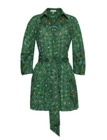 The Raya Mini Dress by Cara Cara is a green long-sleeve button-up mini dress featuring a paisley pattern, a collar, a chic sash at the belted waist, blouson sleeves, and an asymmetrical hem.