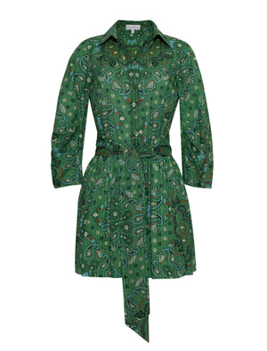 The Raya Mini Dress by Cara Cara is a green long-sleeve button-up mini dress featuring a paisley pattern, a collar, a chic sash at the belted waist, blouson sleeves, and an asymmetrical hem.