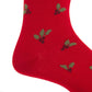 Close-up of Dapper Classics’ Red with Burgundy Berry and Pine Green Holly Wool Sock (Linked-Toe Mid-Calf) featuring a festive holly pattern. Crafted for comfort from breathable wool.