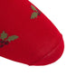 Close-up of the toe area of a Dapper Classics Red with Burgundy Berry and Pine Green Holly Wool Sock Linked-Toe Mid-Calf, featuring a festive holly pattern and crafted from breathable wool.