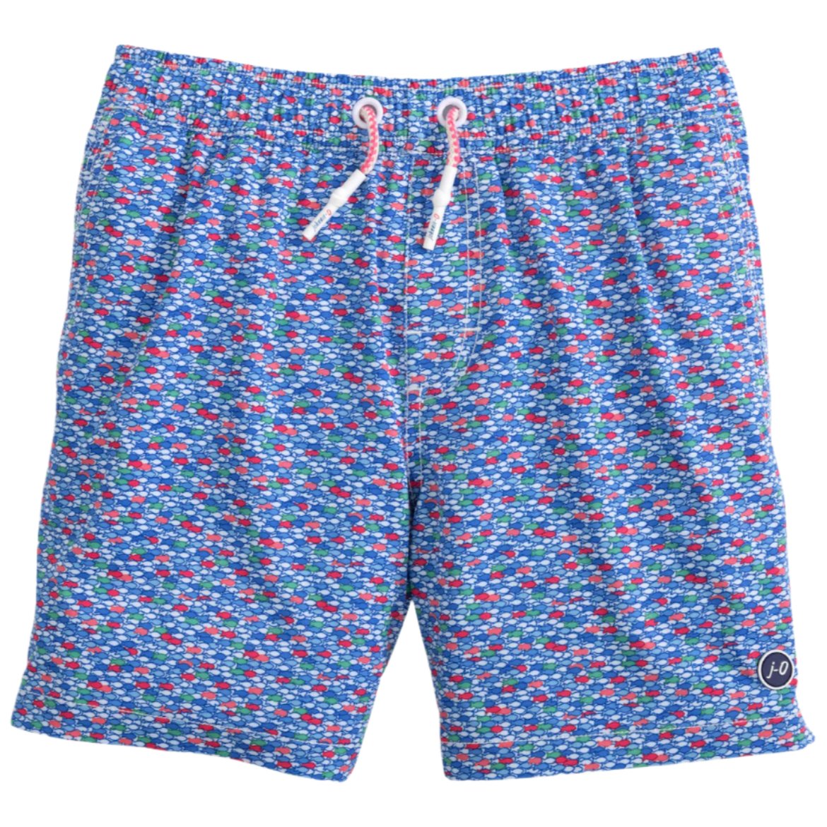 The Johnnie-O Red Fin Blue Fin Swim Shorts boast a vibrant red and blue geometric pattern complemented by a white drawstring, making them ideal for those who enjoy lively prints.