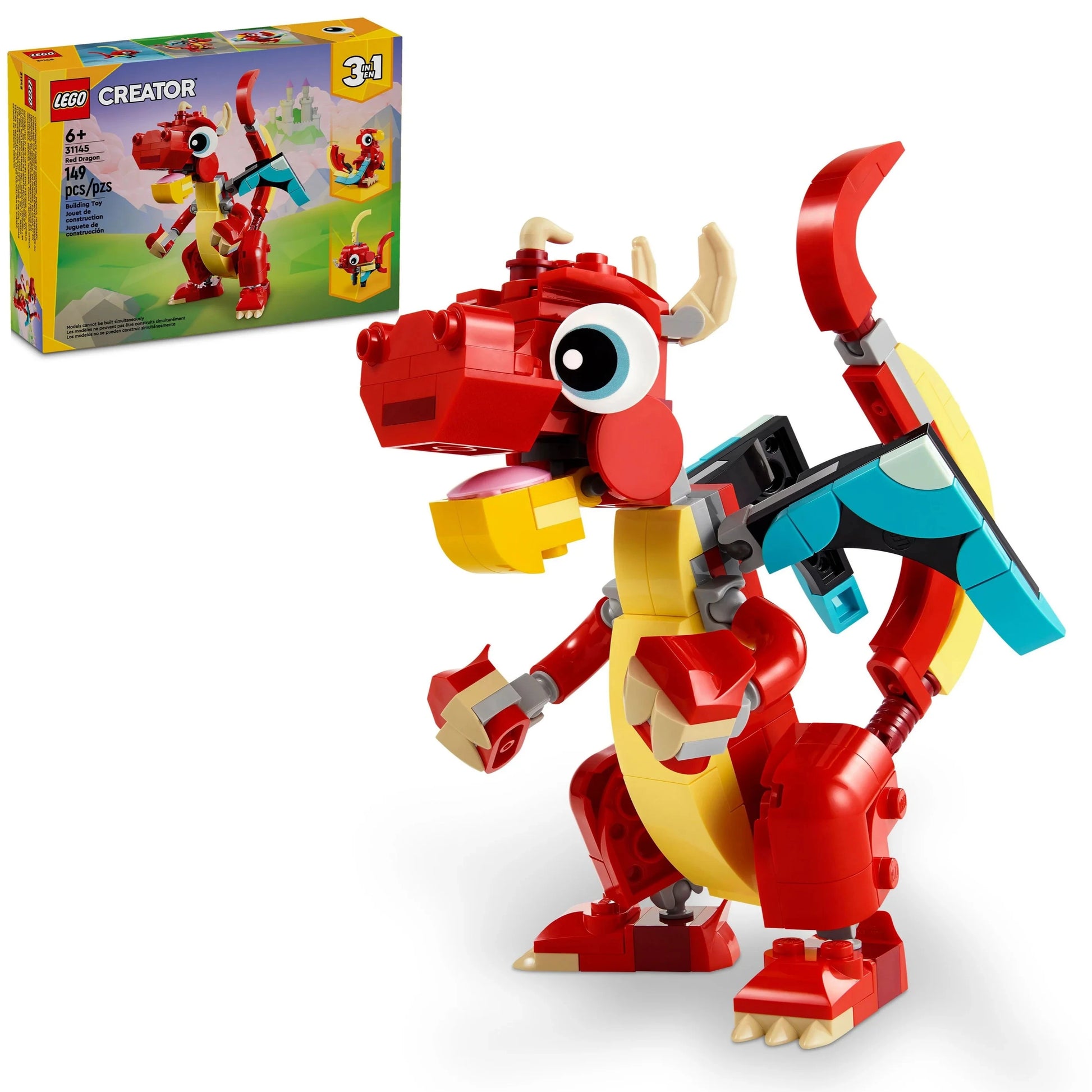 The LEGO® Red Dragon set by Legos - Toyhouse is displayed with an impressive completed dragon model, set against the background of its vibrant product box.