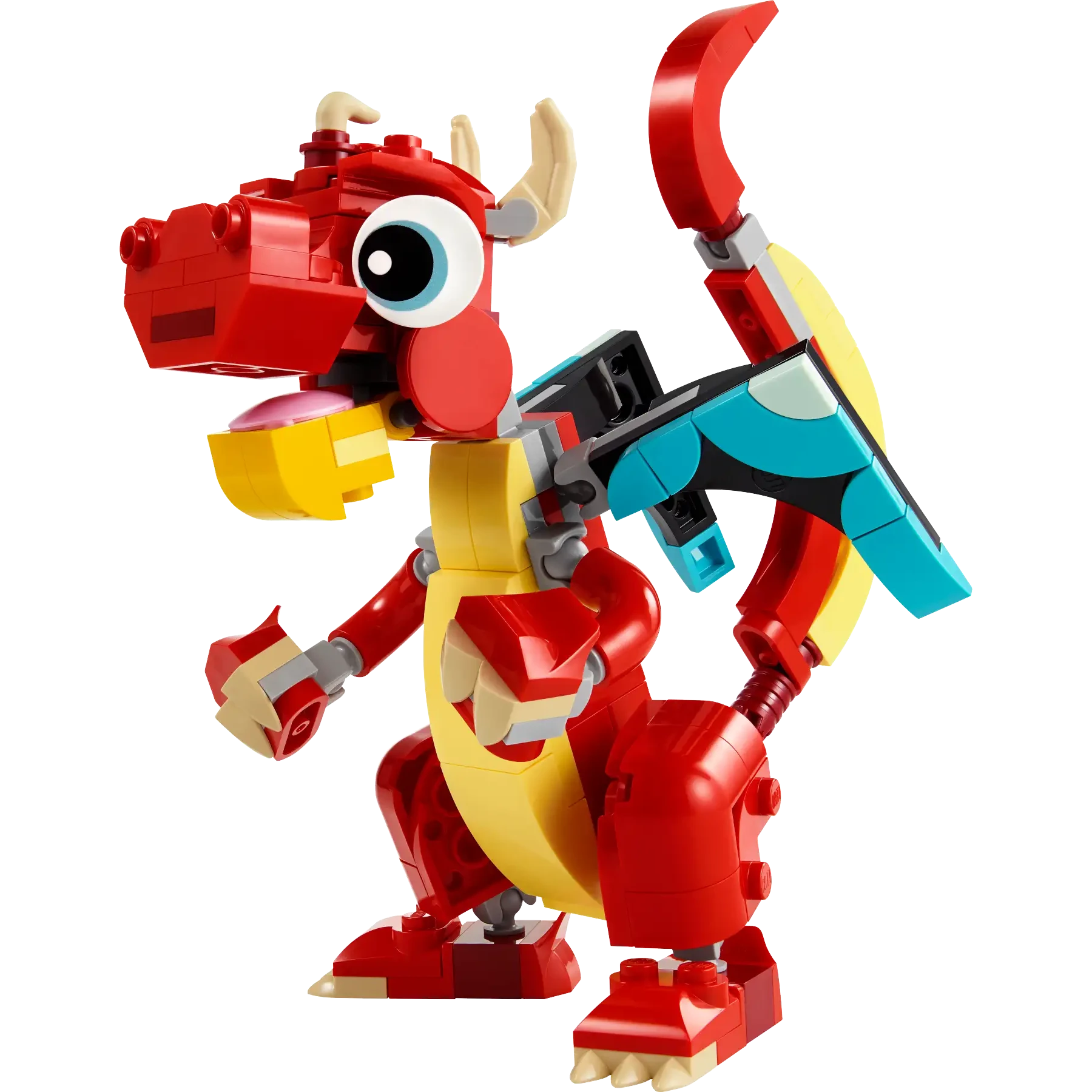 Introducing the LEGO® Red Dragon by Legos - Toyhouse: a vibrant block-style creation featuring a red and yellow body, eye-catching blue wings, and a playful expression. As part of an exciting 3-in-1 set, it's designed for endless adventures.