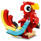 A vibrant 3in1 LEGO® Red Dragon crafted from red, yellow, and blue bricks by Legos - Toyhouse, featuring a prominent eye and elegantly curved tail feathers.