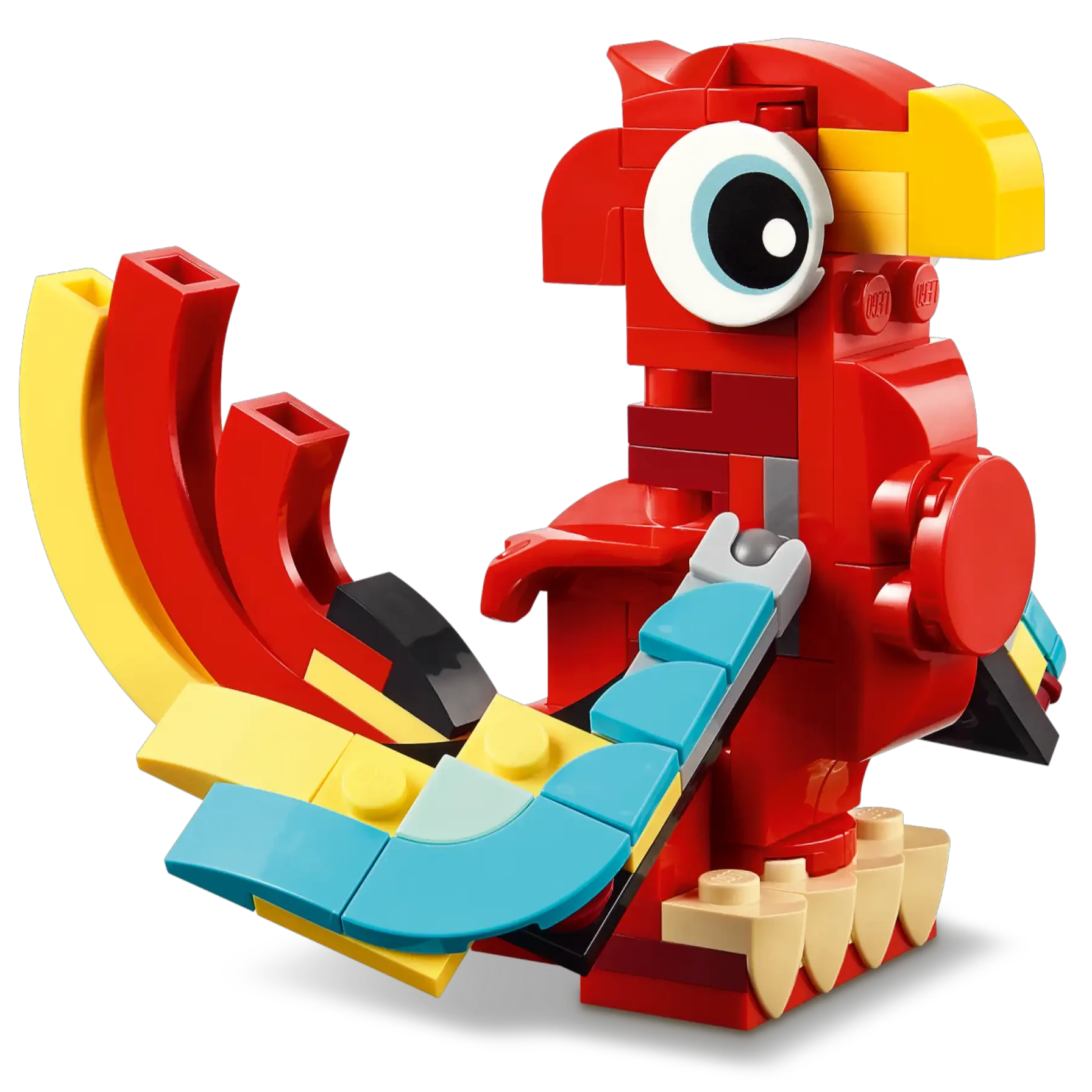 A vibrant 3in1 LEGO® Red Dragon crafted from red, yellow, and blue bricks by Legos - Toyhouse, featuring a prominent eye and elegantly curved tail feathers.