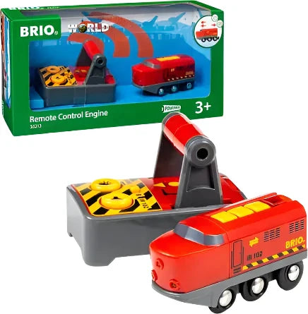 BRIO World Remote Control Engine, a red toy train with a gray controller, is showcased in front of its packaging. It is part of the BRIO collection and is suitable for children aged 3 and up.