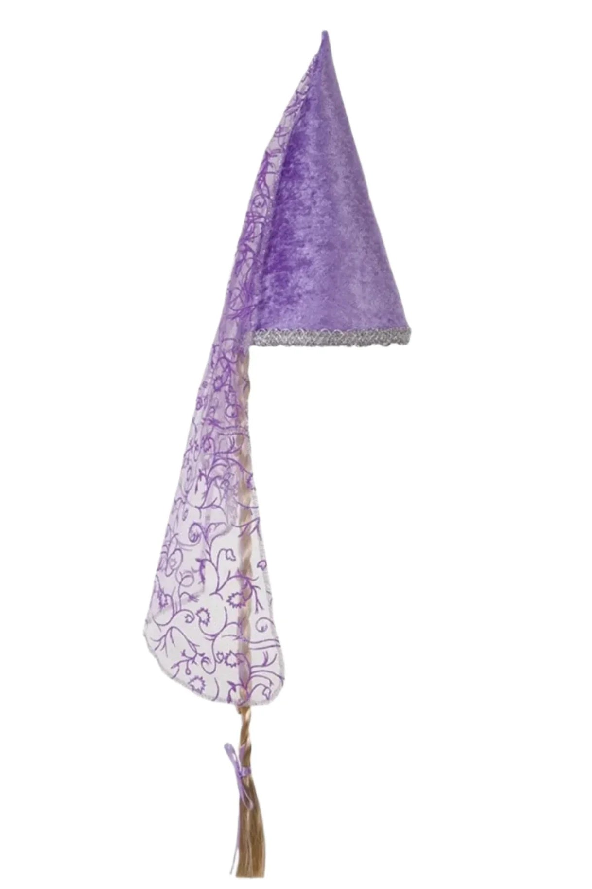 The Great Pretenders Lilac Rapunzel Hat is a purple cone-shaped hat with silver trim and a long sheer lavender veil with vine designs—perfect for finishing any princess costume.