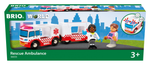 Toy packaging showcasing the Brio's BRIO World Rescue Ambulance, including a paramedic, nurse, and patient figure. Ideal for aspiring first responders aged 3 and up.