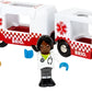 The BRIO World Rescue Ambulance set features two figures: one paramedic dressed in medical attire with a stethoscope, and another figure in casual clothing. The ambulance showcases a red and white checkered design adorned with the "Brio" logo, perfect for any hospital emergency scenario.