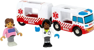 The BRIO World Rescue Ambulance set features two figures: one paramedic dressed in medical attire with a stethoscope, and another figure in casual clothing. The ambulance showcases a red and white checkered design adorned with the "Brio" logo, perfect for any hospital emergency scenario.