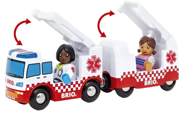 BRIO World Rescue Ambulance by Brio comes with two figures, each in a red and white vehicle. The open-roof design allows your little paramedic to assist with hospital emergencies, with the figures dressed as medical personnel.