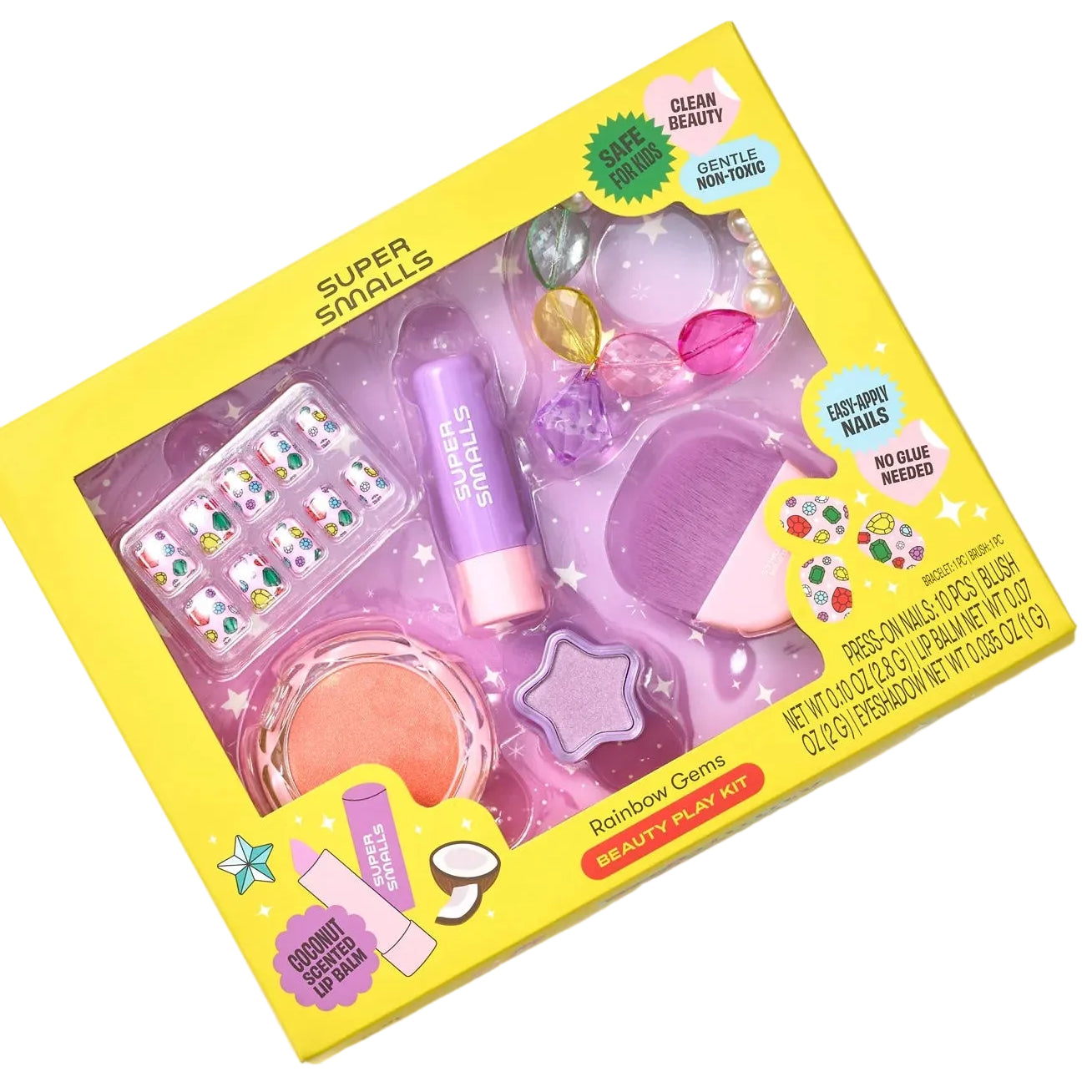 The Super Smalls Rainbow Gems Beauty Play Kit is ideal for imaginative play, featuring kid-safe purple makeup, a dazzling ring, nail stickers, and colorful gem accessories—all packaged in vibrant yellow. The Rainbow Gems Beauty Play Kit brings endless fun and creativity to every playtime!.