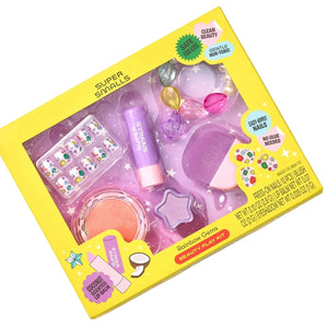 The Super Smalls Rainbow Gems Beauty Play Kit is ideal for imaginative play, featuring kid-safe purple makeup, a dazzling ring, nail stickers, and colorful gem accessories—all packaged in vibrant yellow. The Rainbow Gems Beauty Play Kit brings endless fun and creativity to every playtime!.