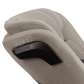 Close-up of the backrest of a Nuna Revv Carseat, showcasing the Nuna brand logo and part of the car seat's structure in beige fabric.