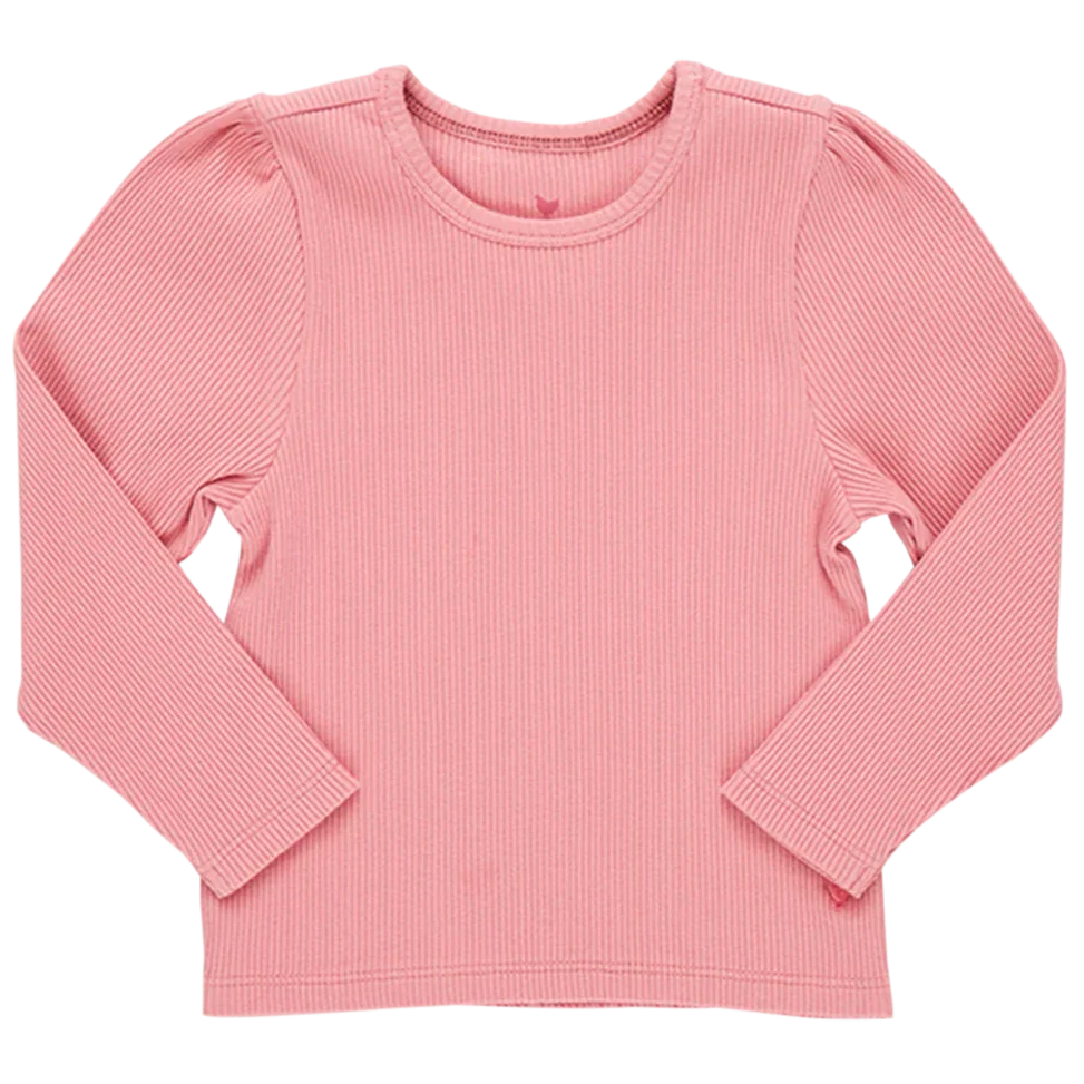 A Pink Chicken Girls' Organic Camella Rib Top, crafted from GOTS-certified organic cotton and dyed with eco-friendly inks, is laid flat against a white background.