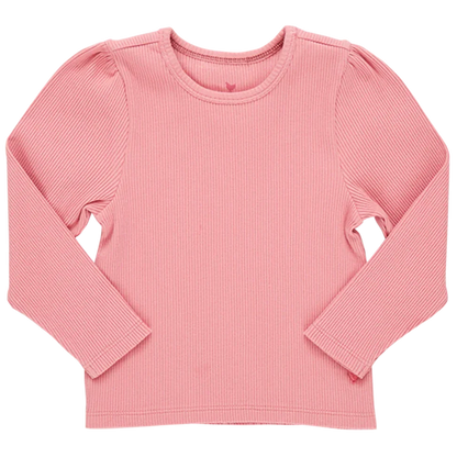 A Pink Chicken Girls' Organic Camella Rib Top, crafted from GOTS-certified organic cotton and dyed with eco-friendly inks, is laid flat against a white background.