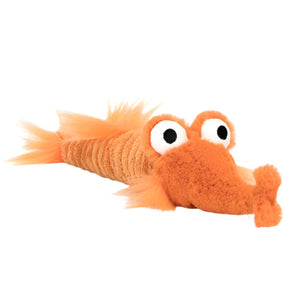 A Jellycat Riley Razor Fish, featuring an orange cordy fabric body, large googly eyes, and a bashful fur tail, lies on a white surface.