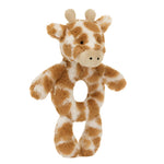 Introducing the Jellycat Bashful Giraffe Ring Rattle, a soothing friend made from recycled materials. This plush toy boasts brown and white patterns, petite beige horns, and a soft feel, with a unique central hole ideal for little hands to hold.