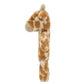 Side perspective of the Jellycat Bashful Giraffe Ring Rattle, which showcases its long neck adorned with tan and white spots. Crafted from recycled fibers, this plush toy is designed to be a cozy companion for infants and toddlers.