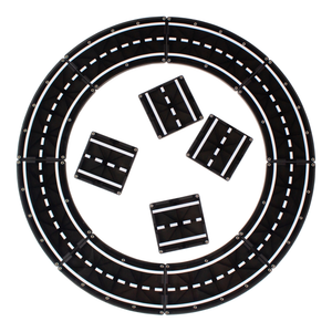 A circular arrangement of Magnatiles XTRAS: Roads 12-Piece Set creates a playful track, featuring four square road tiles with creative configurations inside the circle, all displayed on a white background.