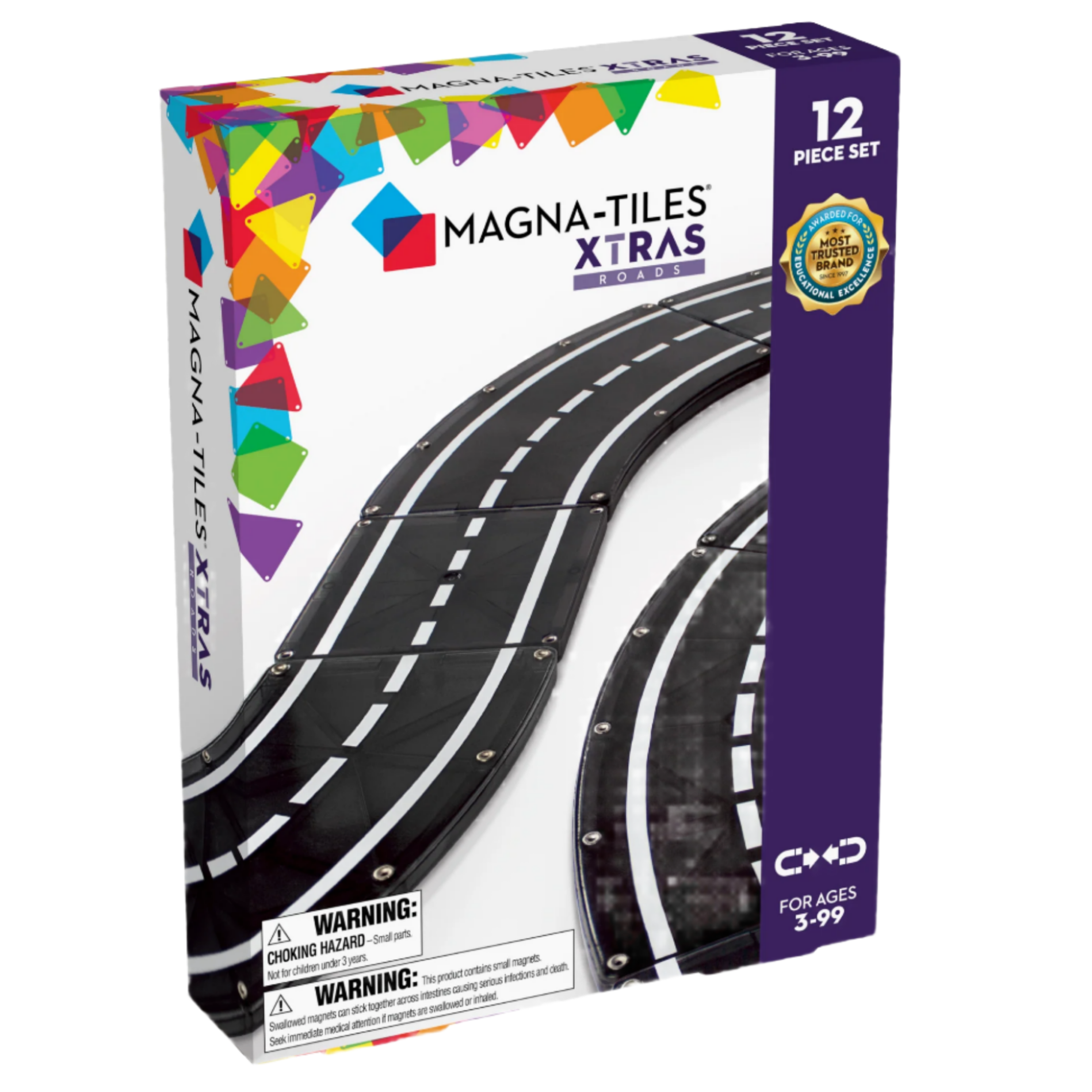 The Magnatiles XTRAS: Roads 12-Piece Set features curved magnetic roads for creative configurations, recommended for ages 3-99.