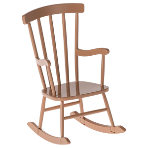 The Maileg Rocking Chair, Mouse - Dark powder, features vertical slats on the backrest and curved rockers at the base, offering timeless charm to your living room; shown against a plain background.