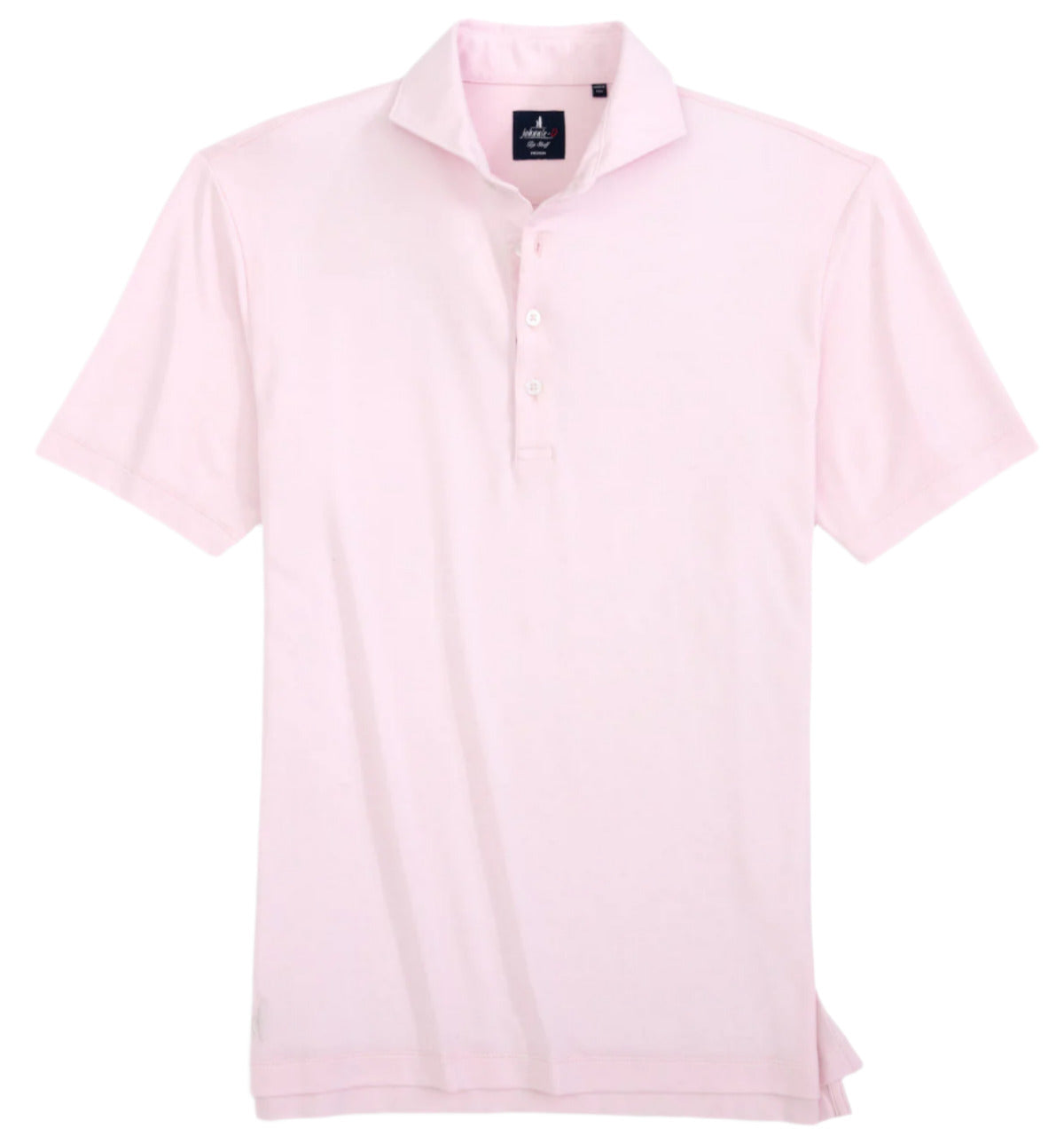 Johnnie-O Idris Polo in light pink features a collar and four buttons, crafted from lightweight, moisture-wicking fabric, displayed laid flat on a white background.