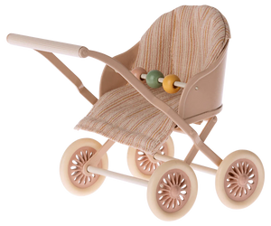 The Maileg Stroller, Baby Mice - Rose is a beige toy stroller with four wheels, a striped fabric seat, and two large wooden beads on the handlebar—ideal as a reversible seat stroller for imaginative play.