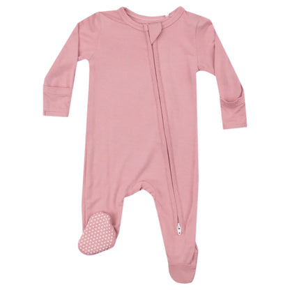 Introducing the Angel Dear Bamboo Bridal Rose 2 Way Zipper Footie, a pink baby onesie from Angel Dear. It is crafted from bamboo fiber fabric, featuring long sleeves and a fleece-lined footie with a convenient diagonal front zipper.